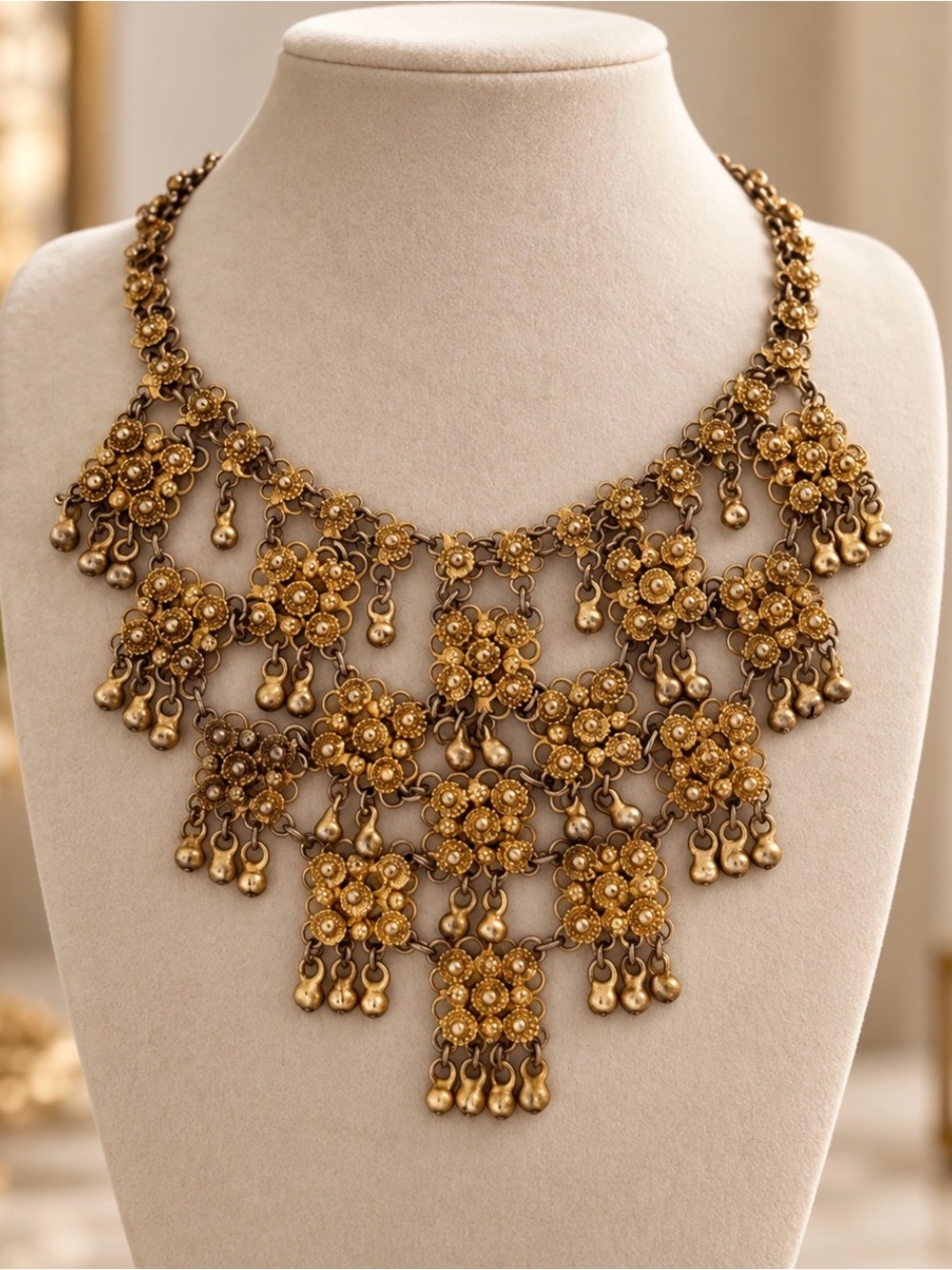 VTG 70s/80s Muted Gold Filigree Bib Necklace 17.5"